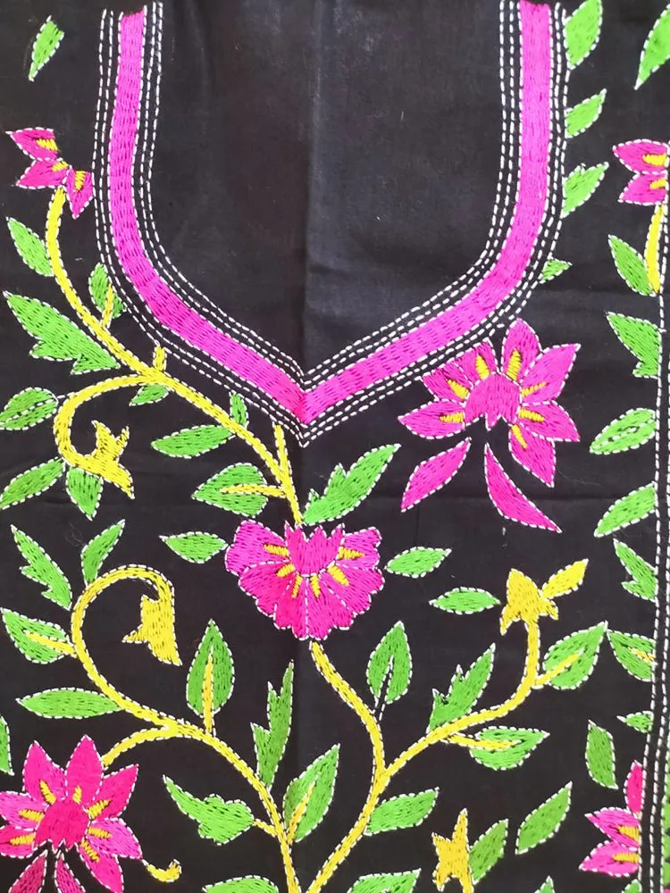 Black Hand Embroidered Kantha Cotton Unstitched Kurti