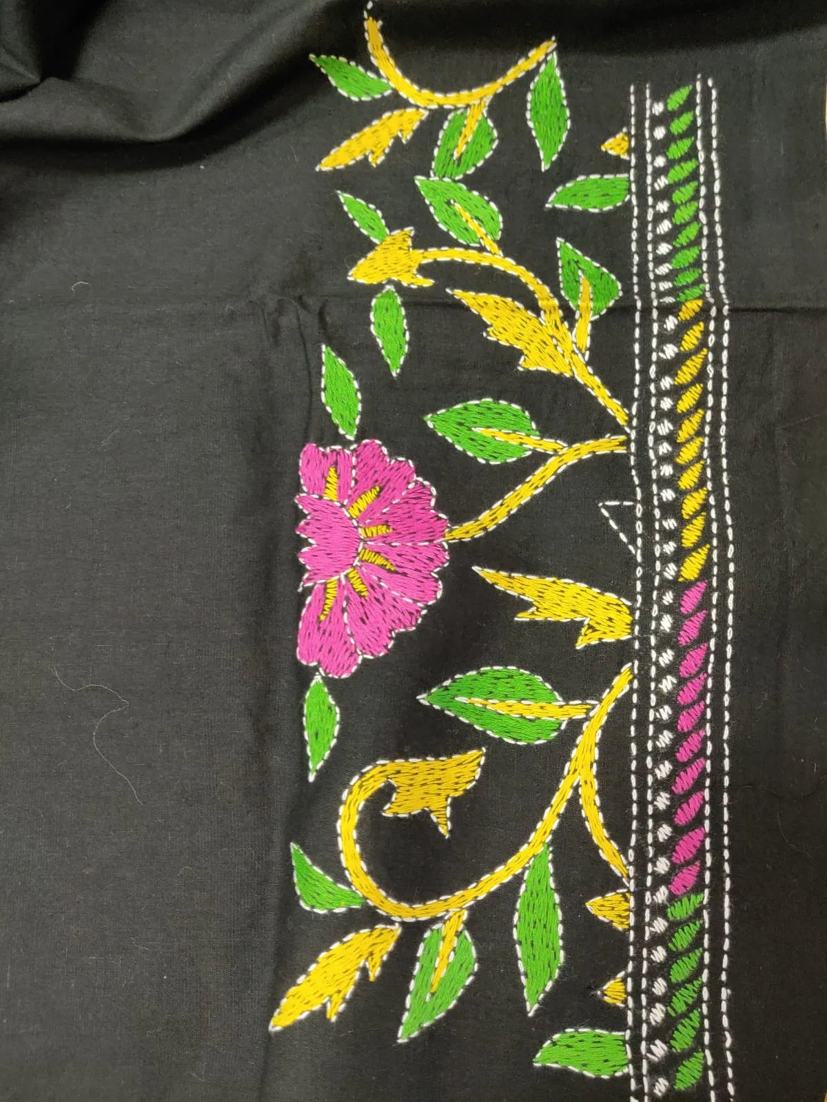 Black Hand Embroidered Kantha Cotton Unstitched Kurti