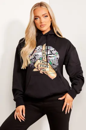 Black Lips Graphic Slogan Print Oversized Hoodie