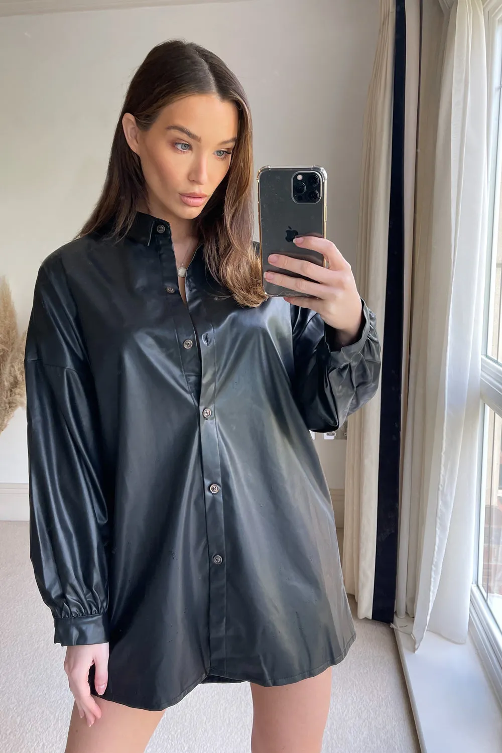 Black Oversized PU Faux Leather Shirt