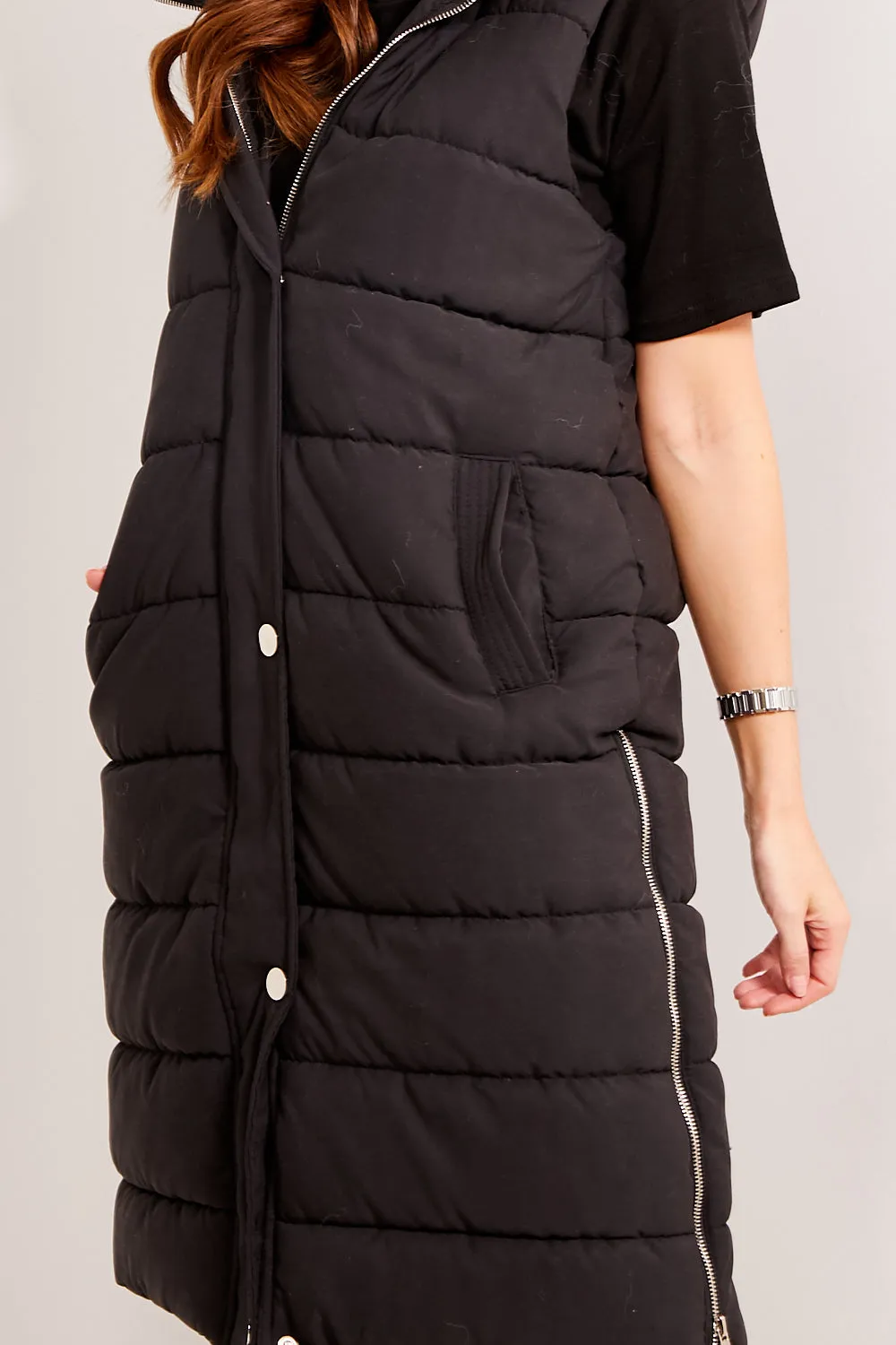 Black Padded Longline Hooded Gilet