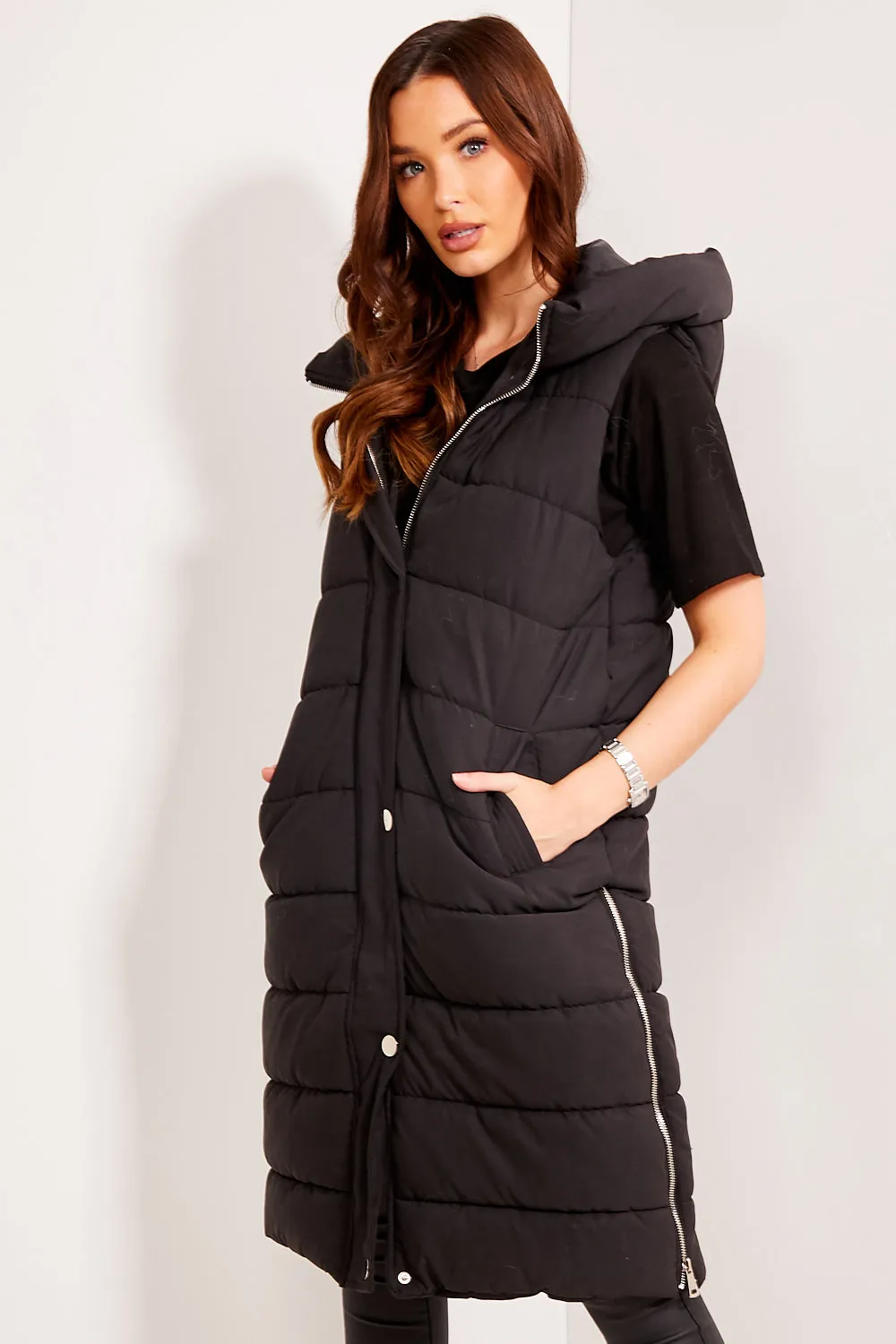 Black Padded Longline Hooded Gilet