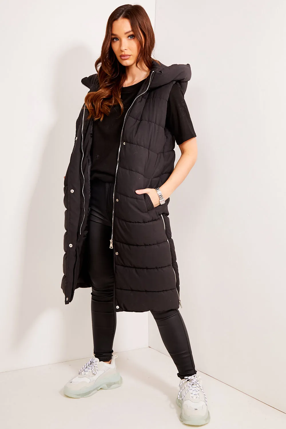 Black Padded Longline Hooded Gilet