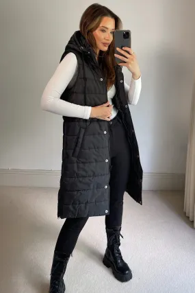 Black Padded Longline Hooded Gilet