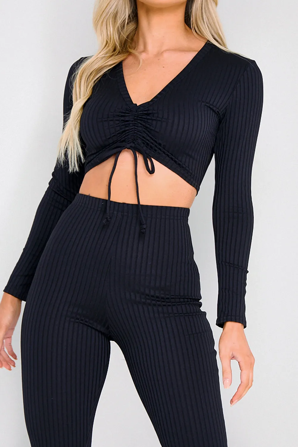 Black Ribbed Crop Top and Legging Loungewear Set