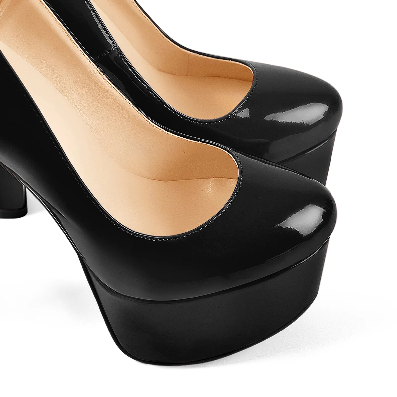 Black Round Toe Black Ankle Chain Platform Pumps