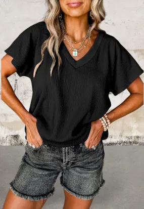 Black Short Wide Sleeve V Neck Top