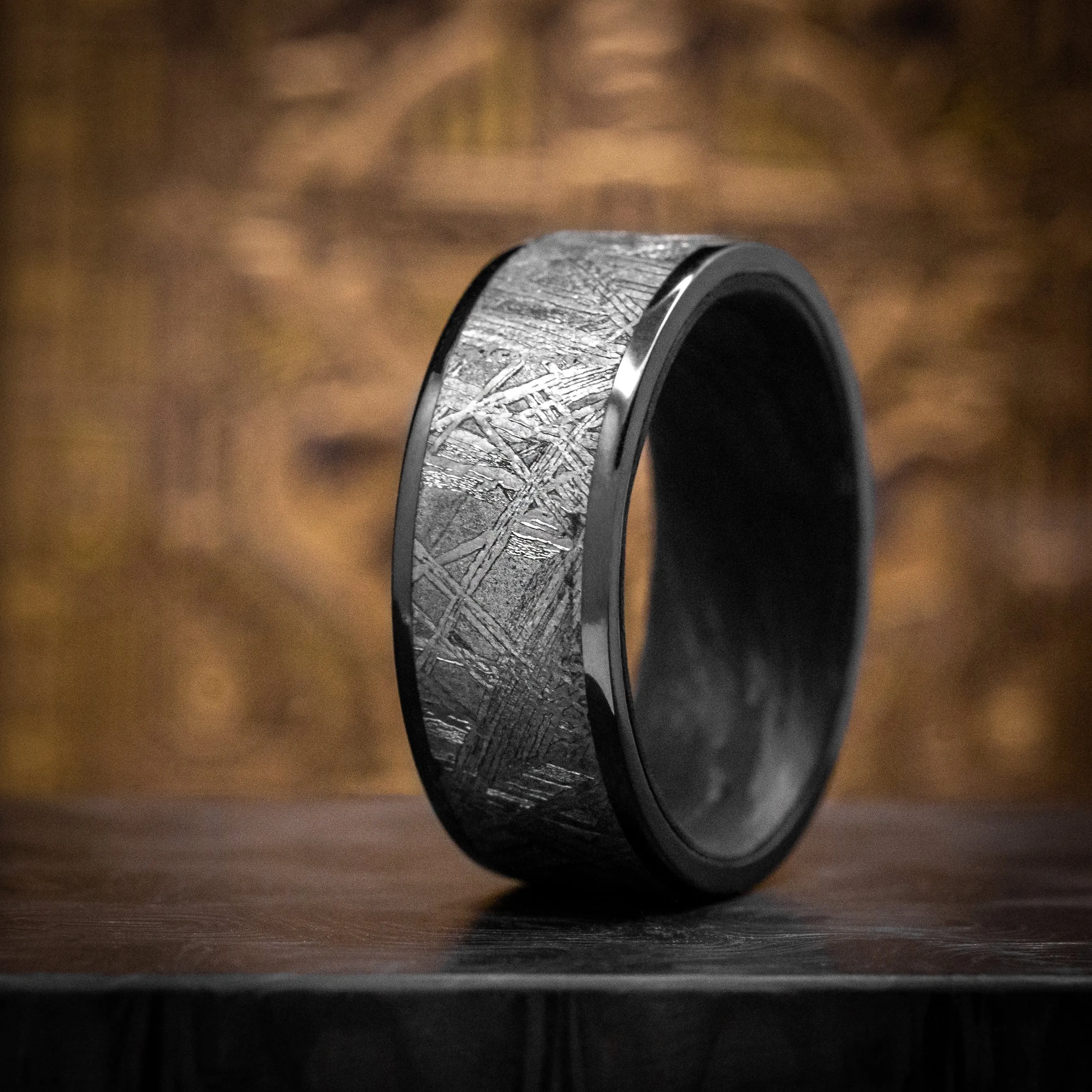 Black Titanium and Gibeon Meteorite Men's Ring with Forged Carbon Fiber Sleeve Custom Made Band