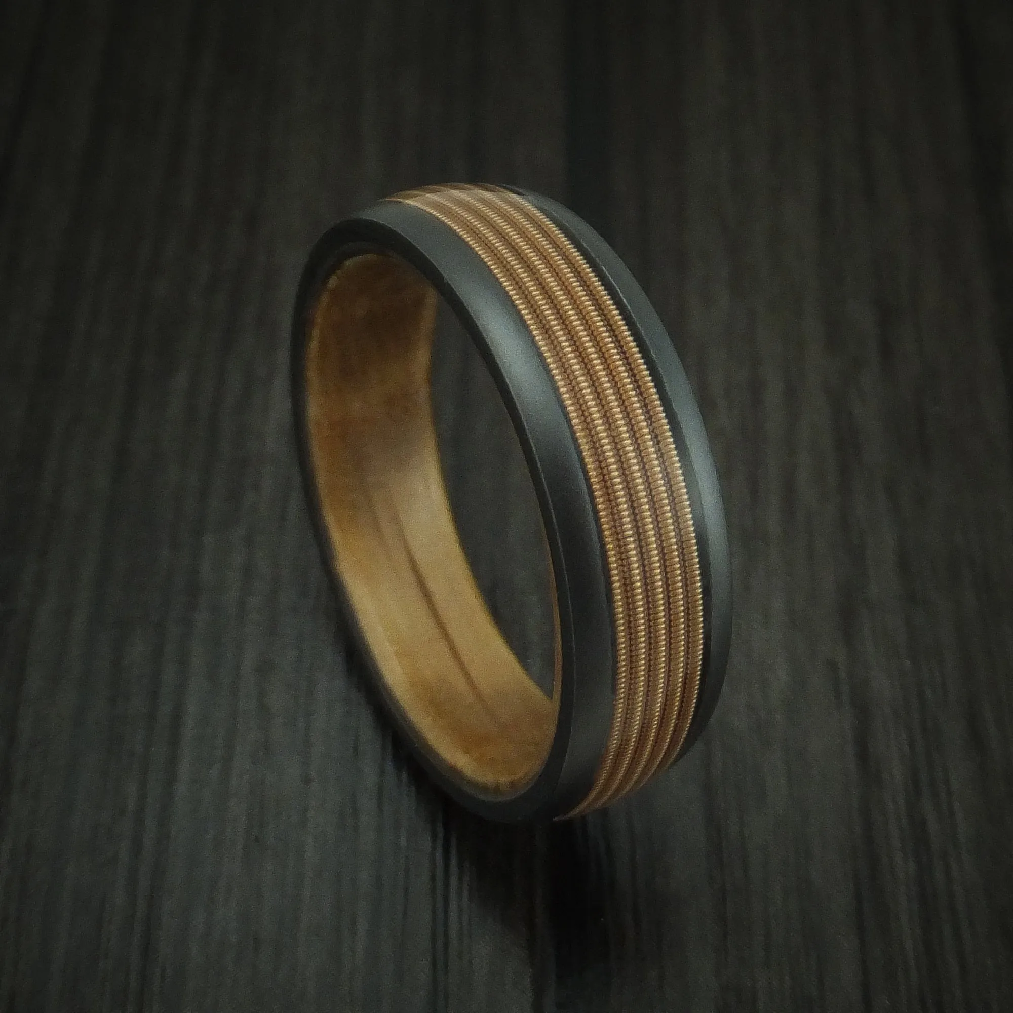 Black Zirconium Guitar String Men's Ring With Hardwood Sleeve Custom Made Band