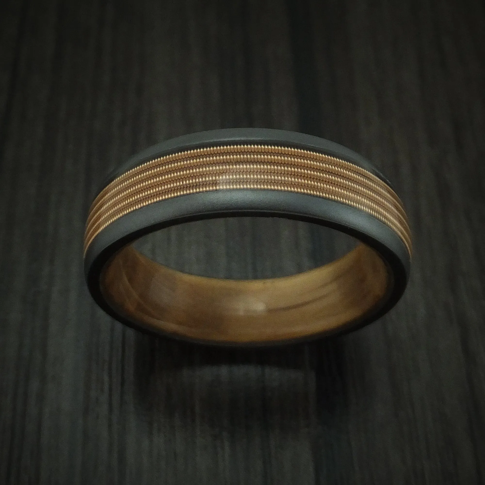 Black Zirconium Guitar String Men's Ring With Hardwood Sleeve Custom Made Band