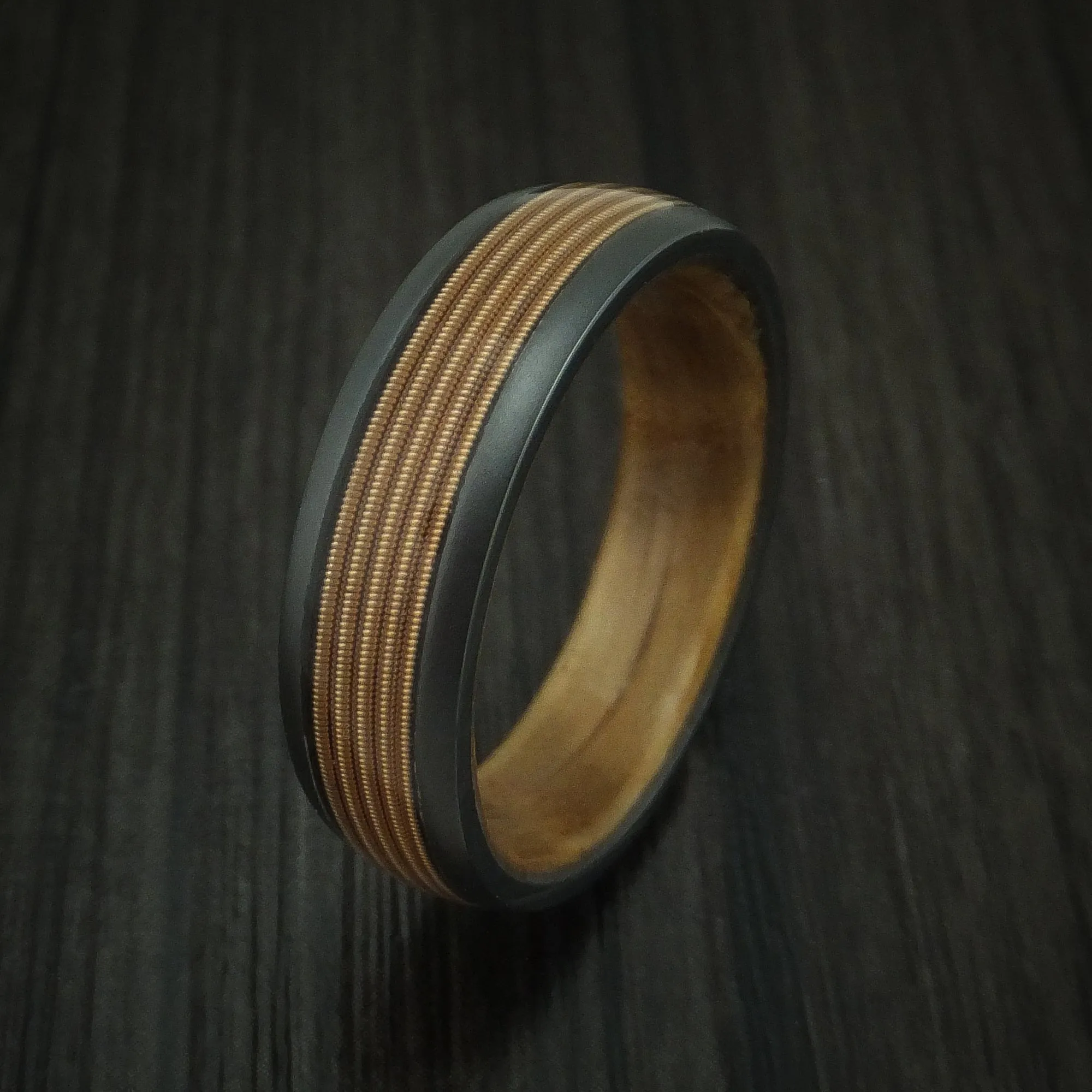 Black Zirconium Guitar String Men's Ring With Hardwood Sleeve Custom Made Band