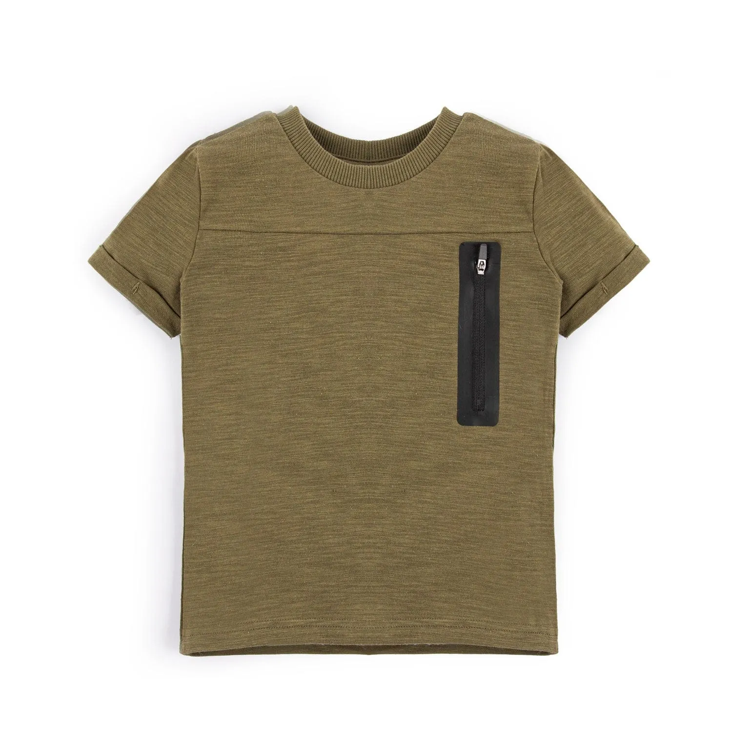 BOY'S OLIVE MELANGE ZIPPER TEE SHIRT