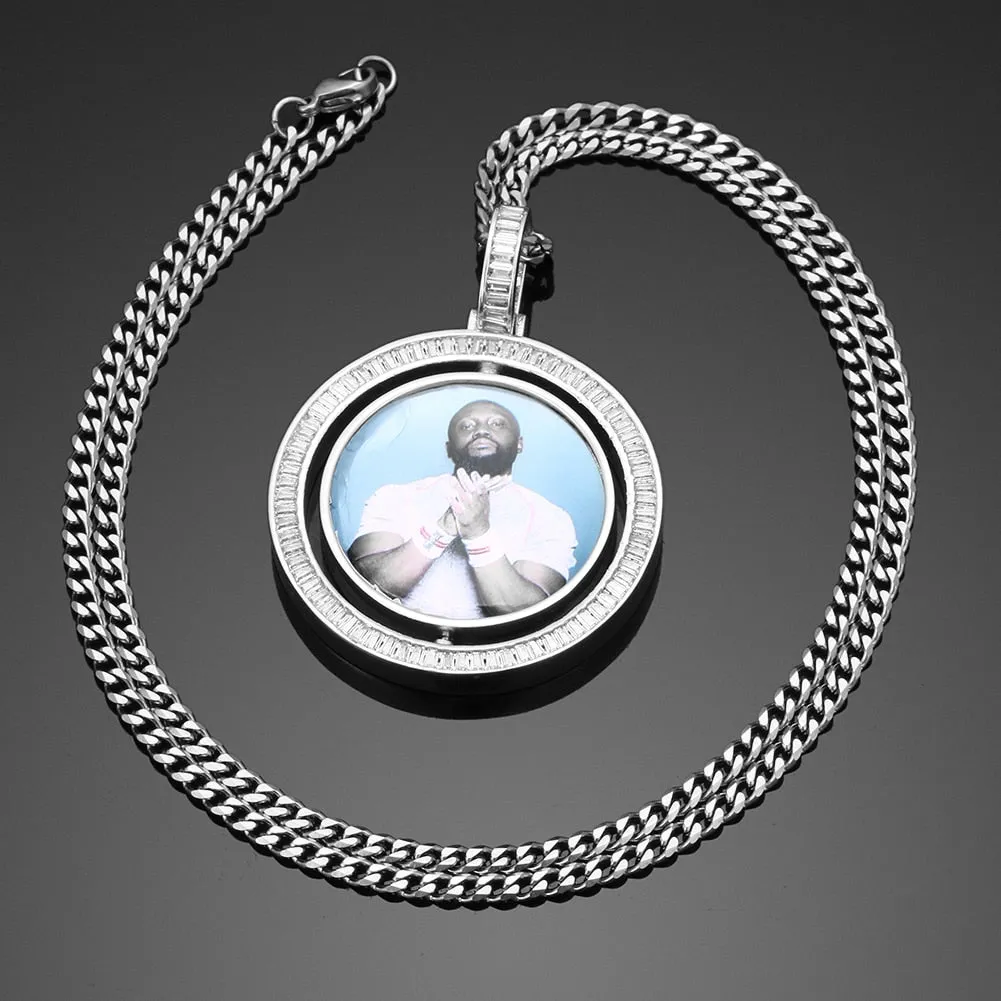 Brand New Custom Photo Rotating Double-Sided Medallions Pendant Necklace With Cubic Zirconia Stone