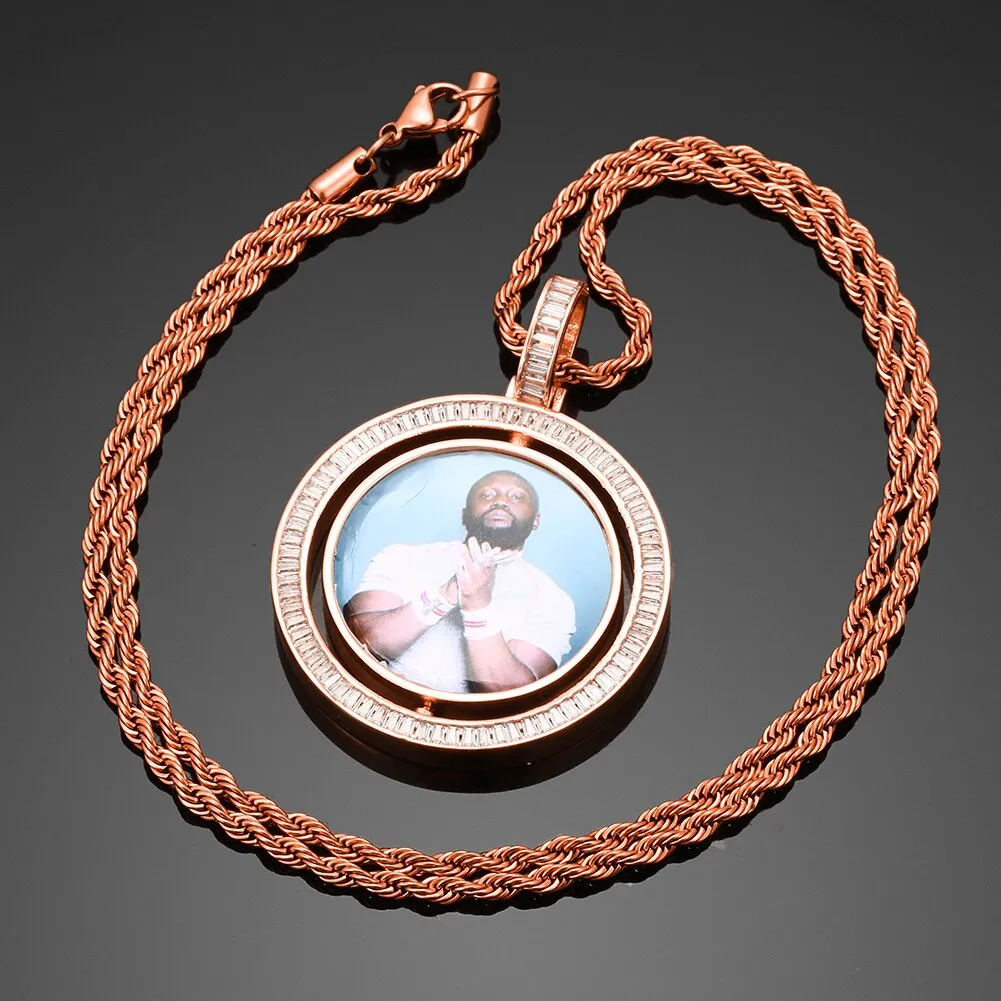 Brand New Custom Photo Rotating Double-Sided Medallions Pendant Necklace With Cubic Zirconia Stone