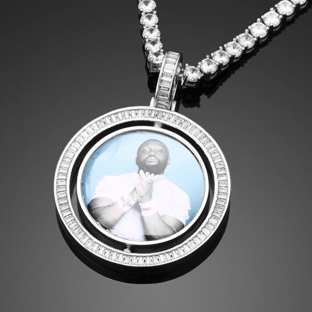 Brand New Custom Photo Rotating Double-Sided Medallions Pendant Necklace With Cubic Zirconia Stone