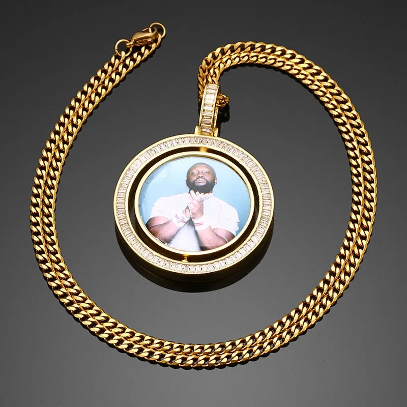 Brand New Custom Photo Rotating Double-Sided Medallions Pendant Necklace With Cubic Zirconia Stone