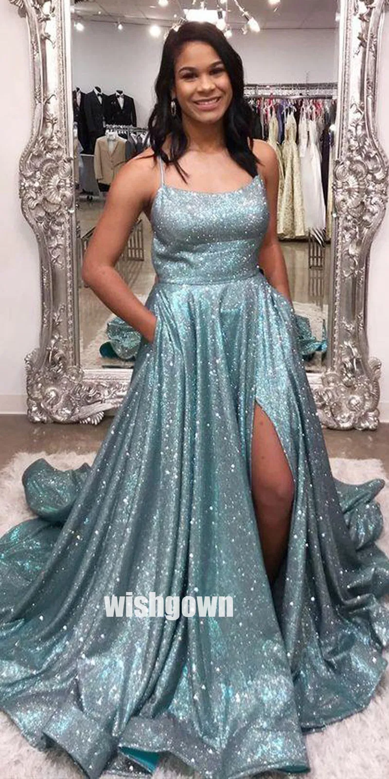 Bright Spaghetti Strap Split Side Long Prom Dresses PG1199