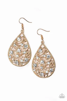 Certainly Courtier Gold and White Rhinestone Earrings - Paparazzi Accessories