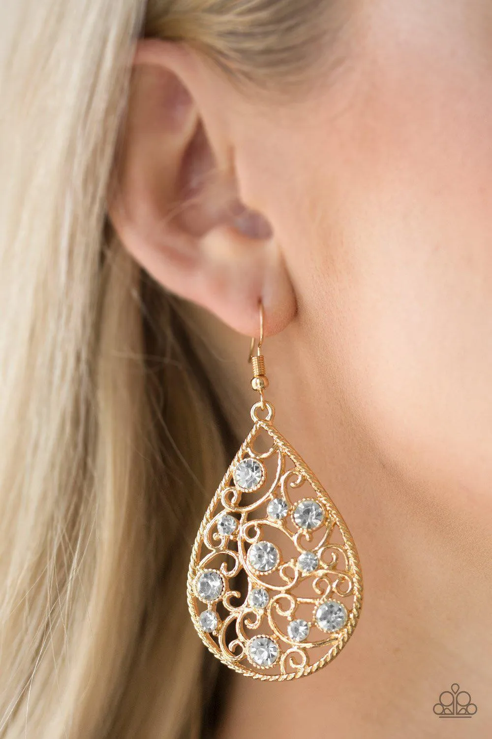 Certainly Courtier Gold and White Rhinestone Earrings - Paparazzi Accessories