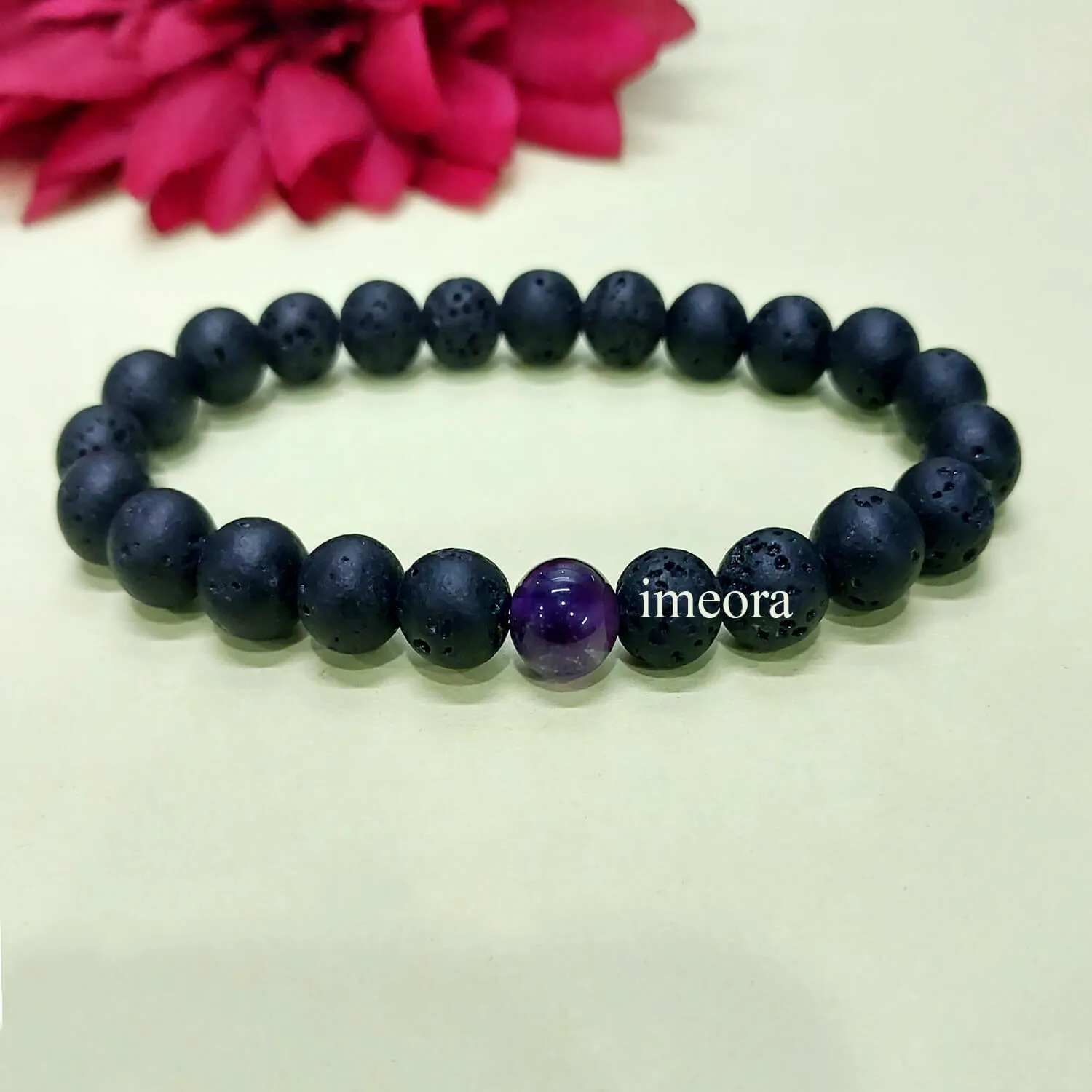 Certified Lava Natural Stone 8mm Bracelet With Amethyst