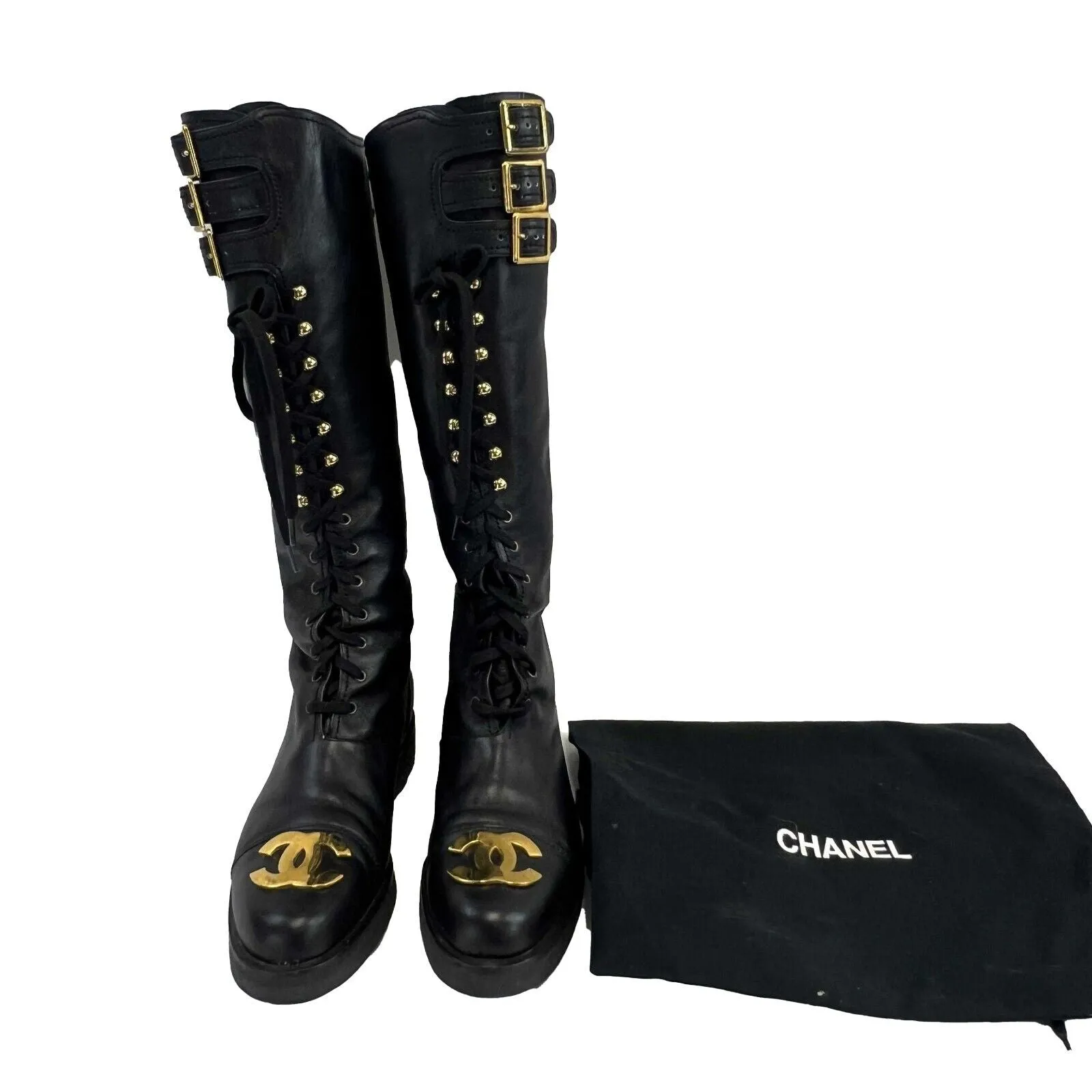 CHANEL - 92/93 Tall Leather Vintage CC Combat Knee High Boots FR 39 US 8