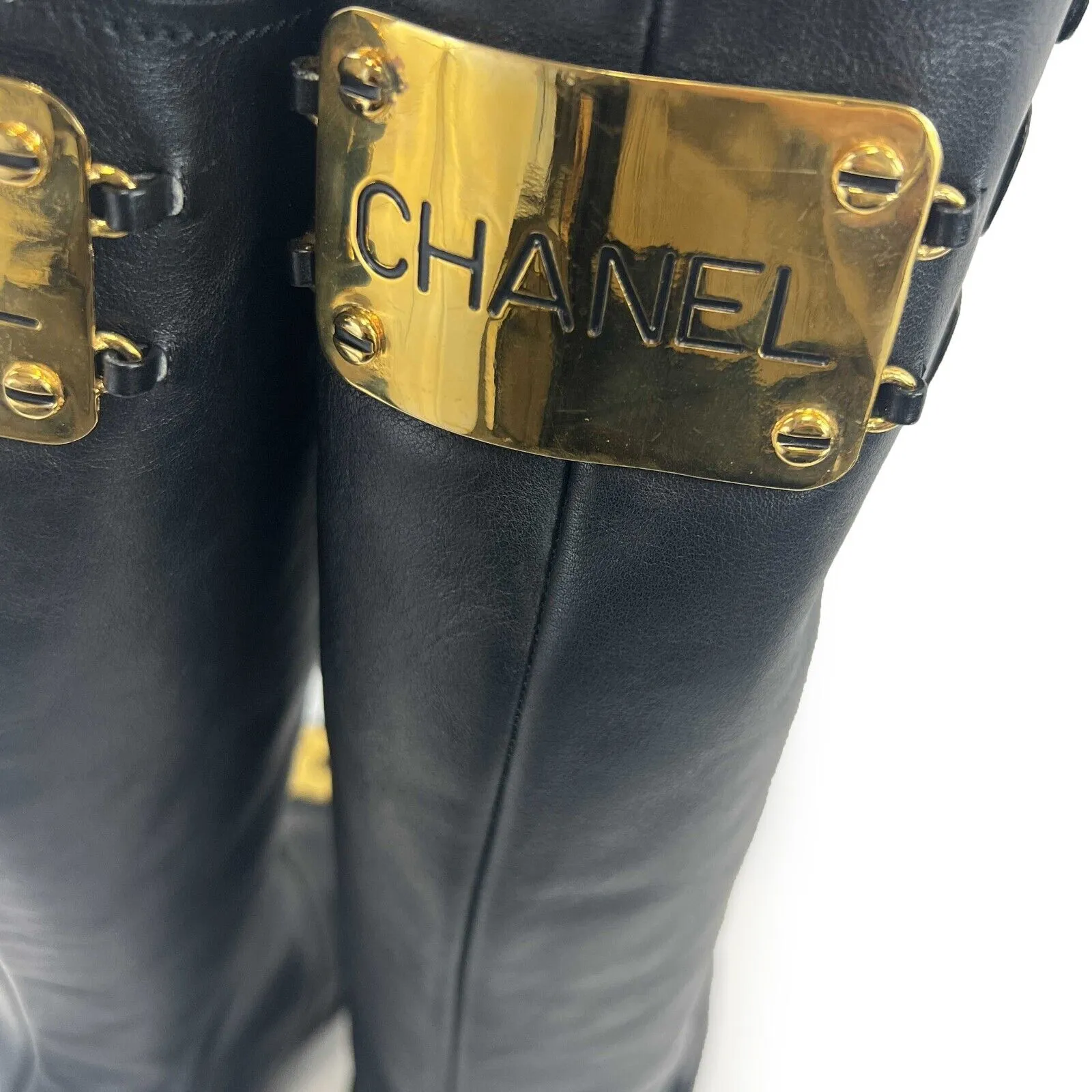 CHANEL - 92/93 Tall Leather Vintage CC Combat Knee High Boots FR 39 US 8