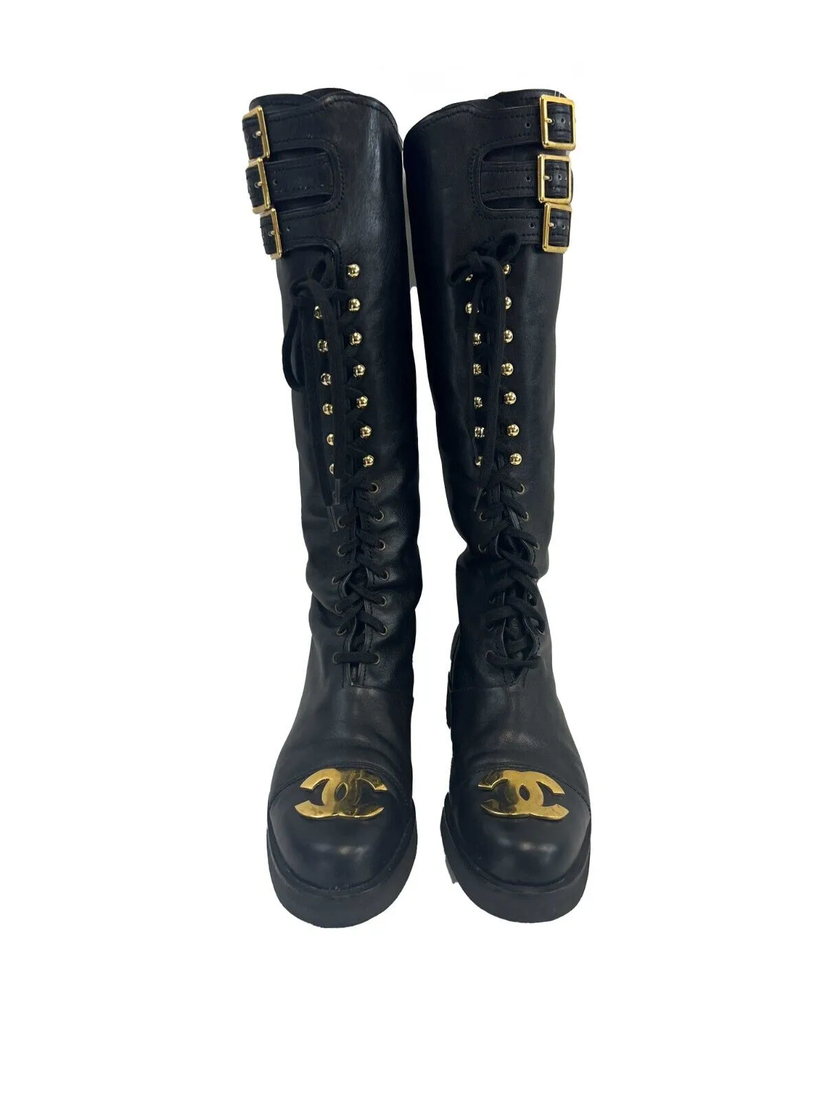 CHANEL - 92/93 Tall Leather Vintage CC Combat Knee High Boots FR 39 US 8