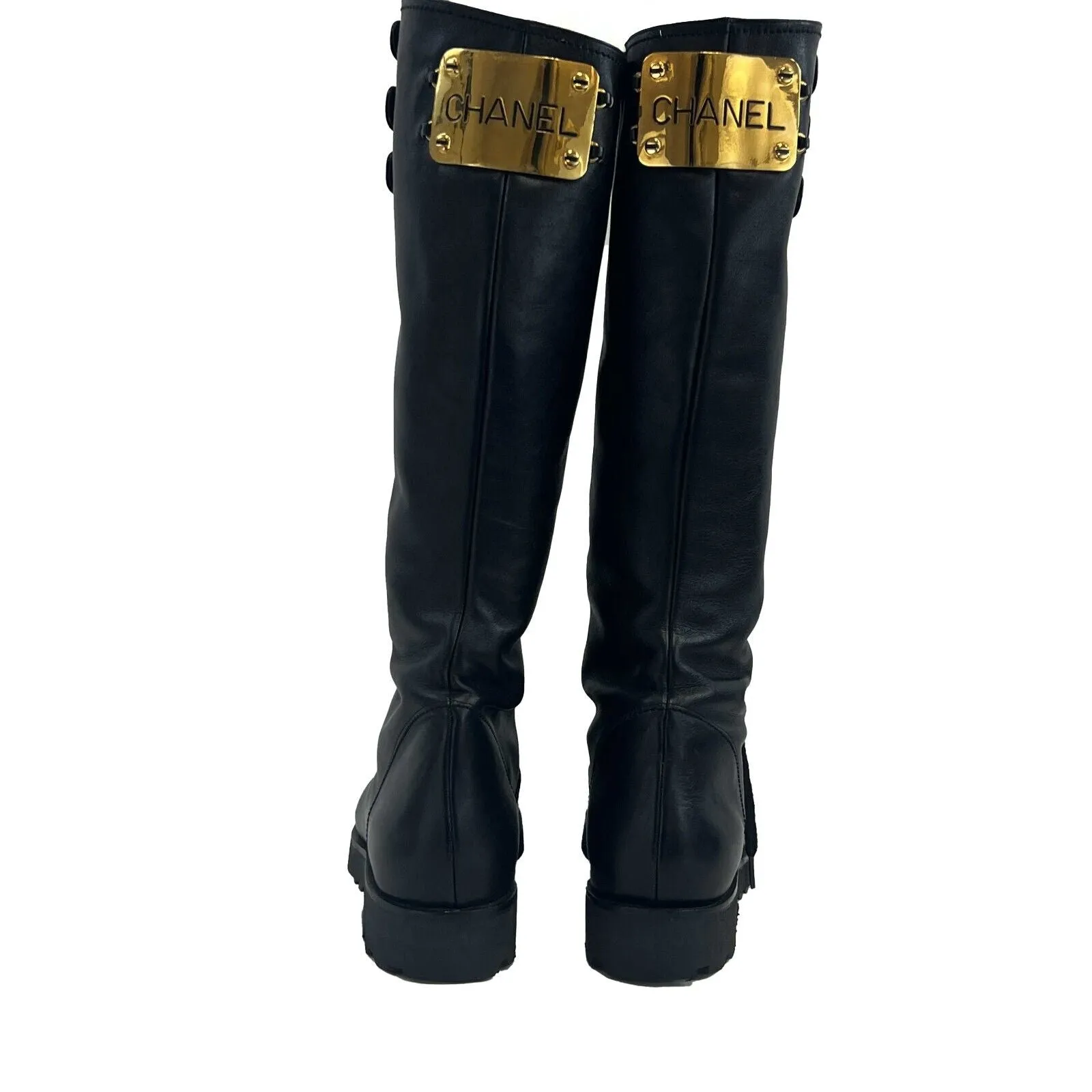 CHANEL - 92/93 Tall Leather Vintage CC Combat Knee High Boots FR 39 US 8