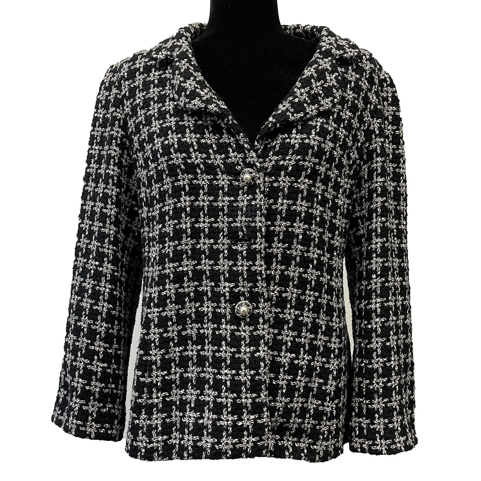 CHANEL - Black White Tweed CC Gripoix Button Jacket Size 44 US 12