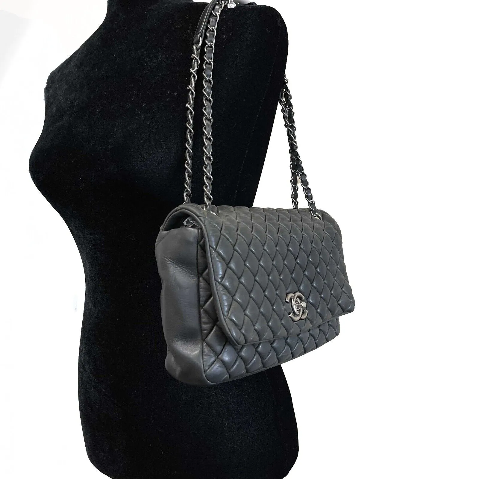 Chanel Bubble Flap Quilted Medium Flap CC Black Leather 2012