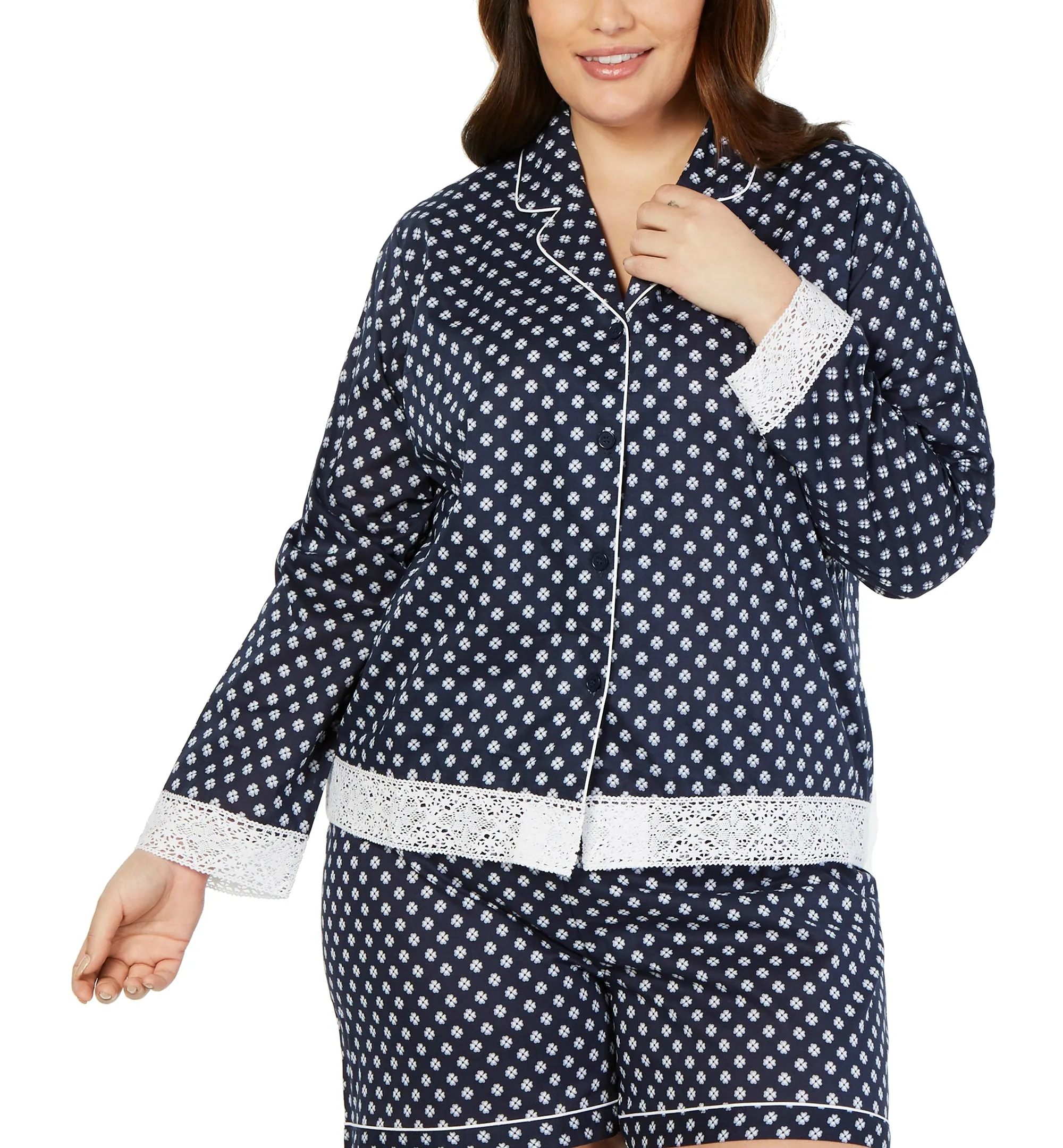 Charter Club Plus Women's Notch Collar Pajama Top, Mini Floral Geo,1X