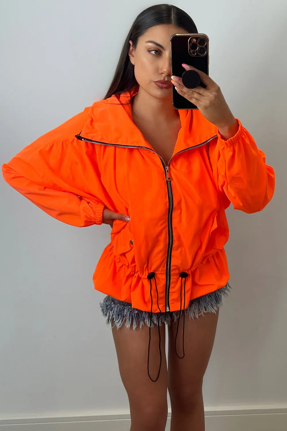 Chelsey Neon Orange Hooded Zip Up Windbreaker Jacket