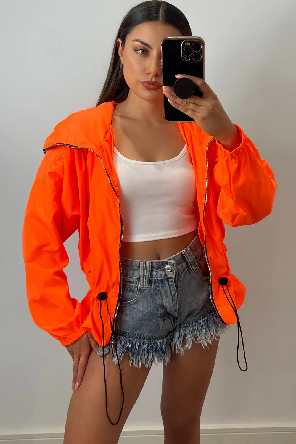 Chelsey Neon Orange Hooded Zip Up Windbreaker Jacket