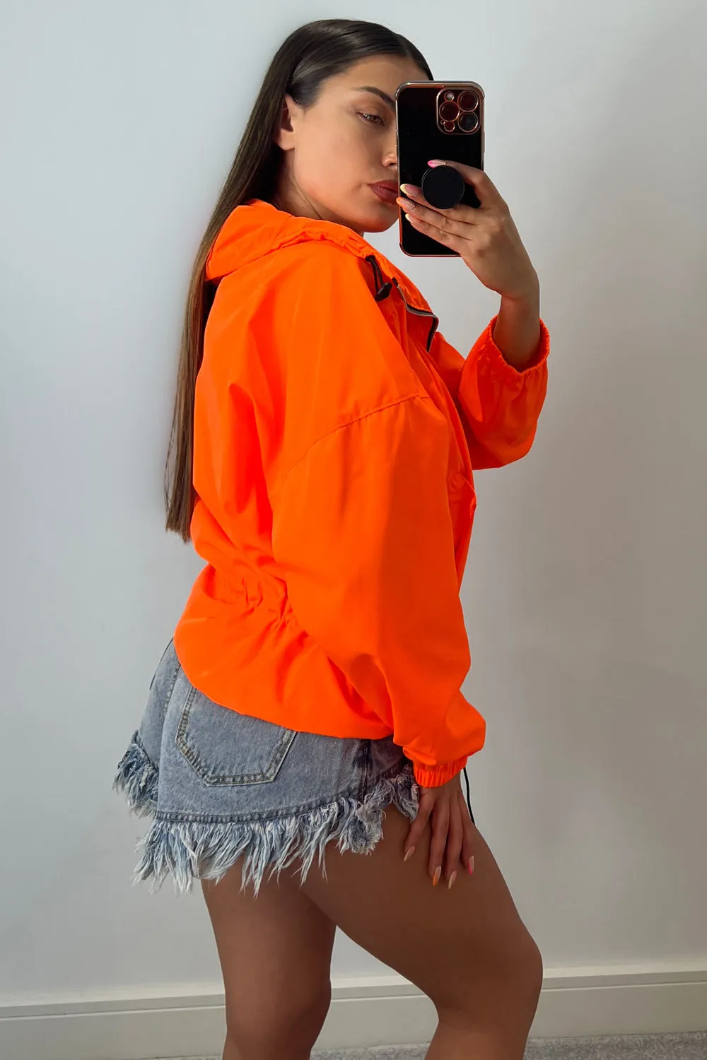 Chelsey Neon Orange Hooded Zip Up Windbreaker Jacket