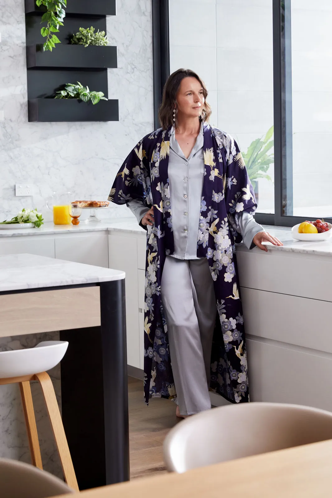 Cherry's & Cranes Long Cotton Kimono