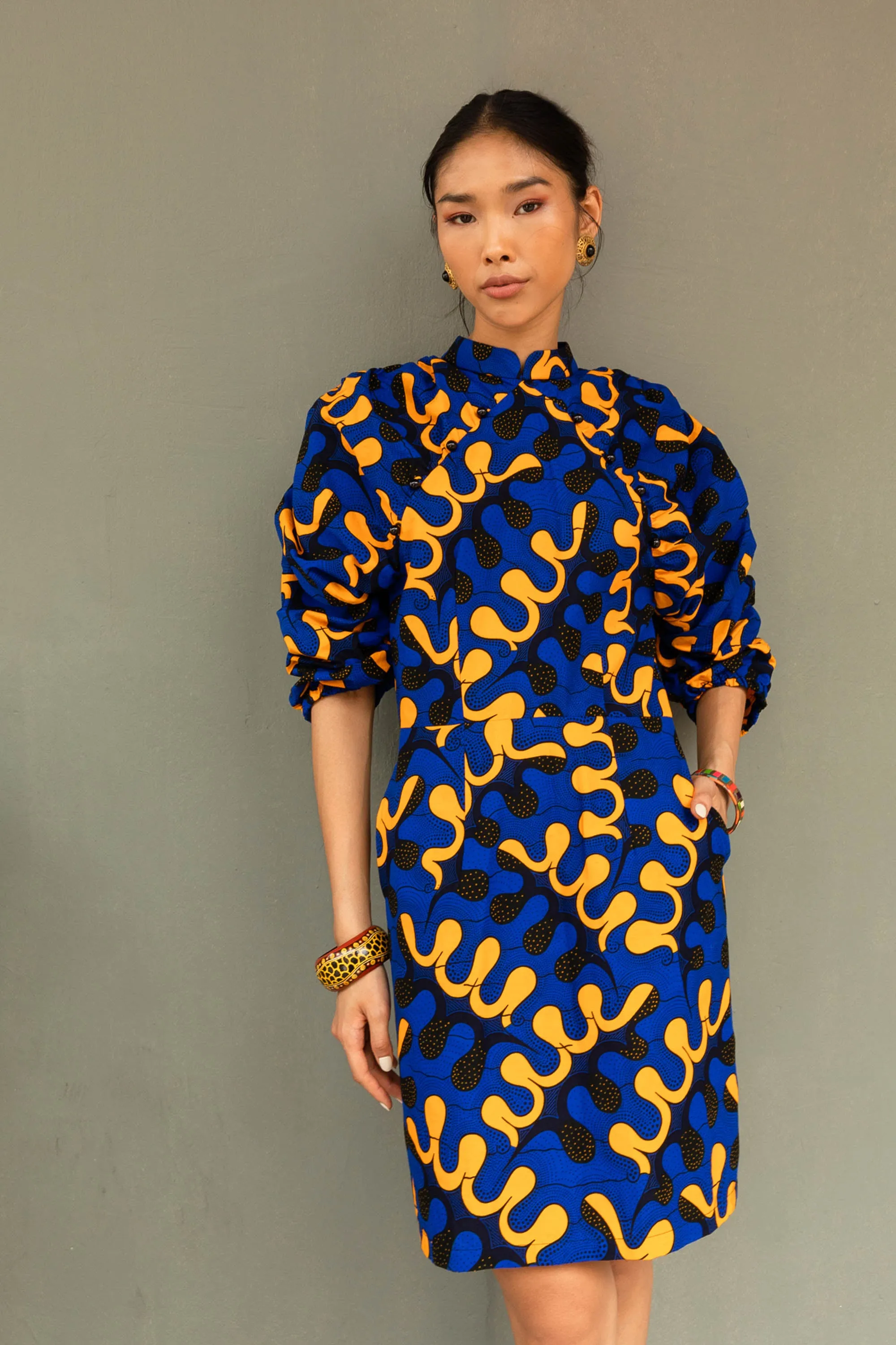 Chiamaka Dress - Blue and Yellow Awoulaba African Ankara Wax Cotton Print