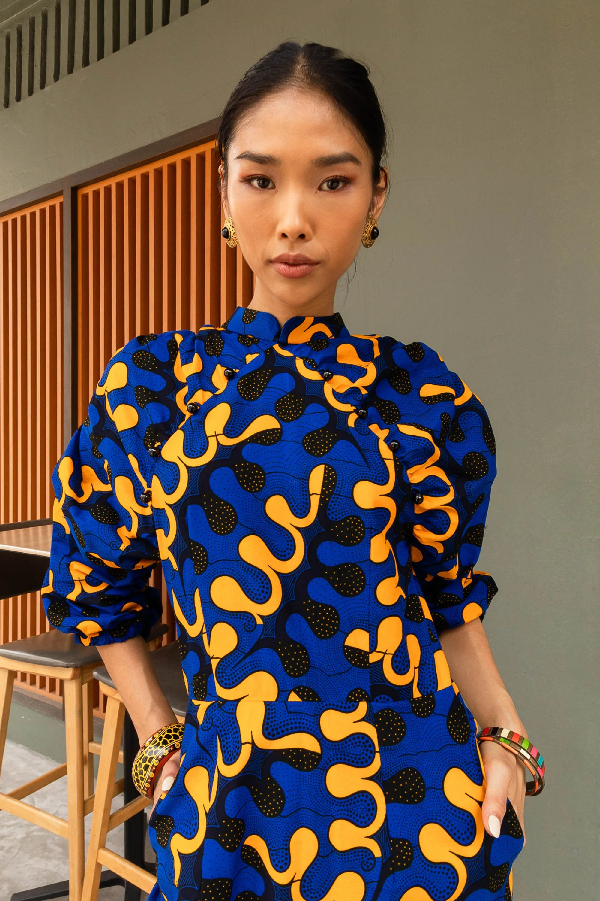 Chiamaka Dress - Blue and Yellow Awoulaba African Ankara Wax Cotton Print