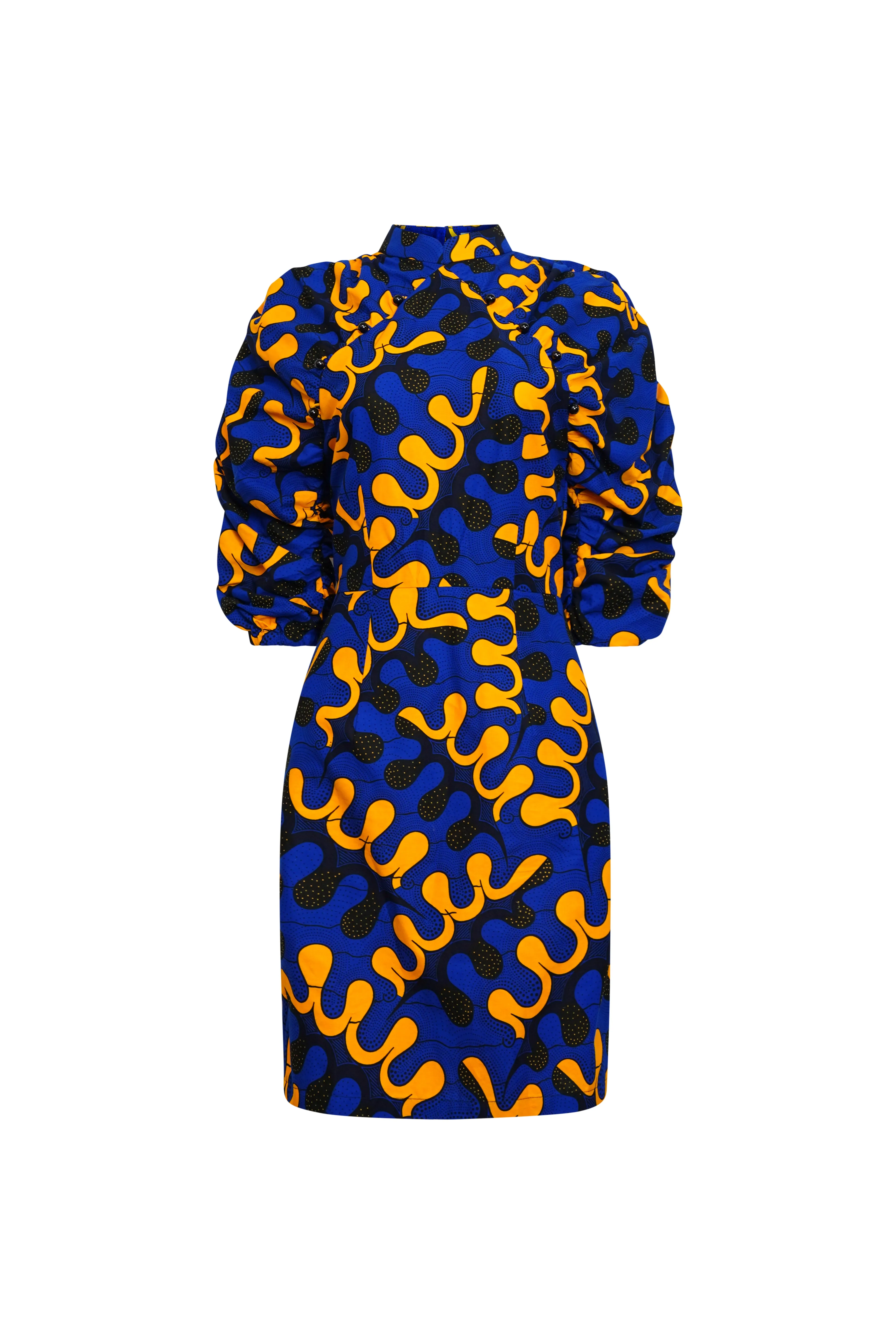 Chiamaka Dress - Blue and Yellow Awoulaba African Ankara Wax Cotton Print