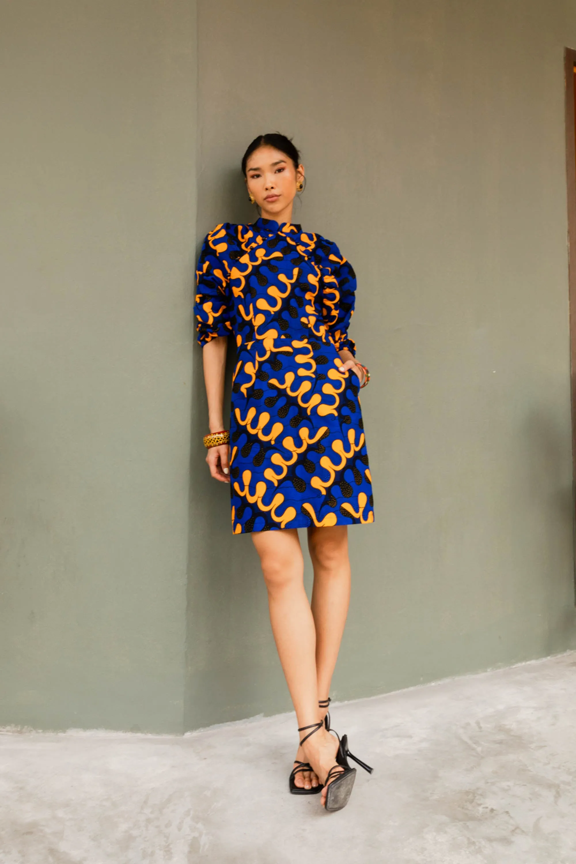 Chiamaka Dress - Blue and Yellow Awoulaba African Ankara Wax Cotton Print