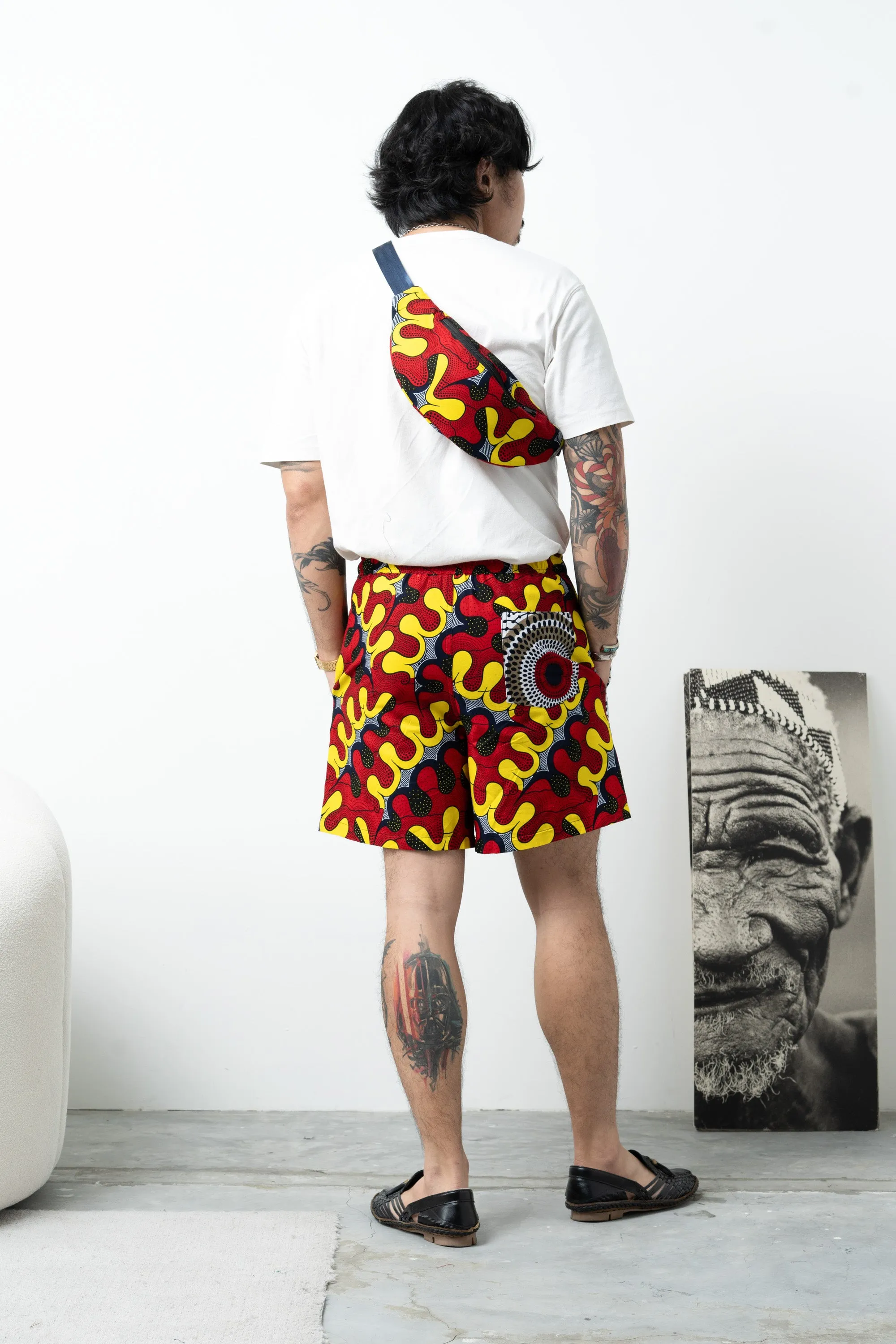 Chinny Shorts - Mix Match Awoluba/Water Well Yellow White and Red African Ankara Wax Cotton Print