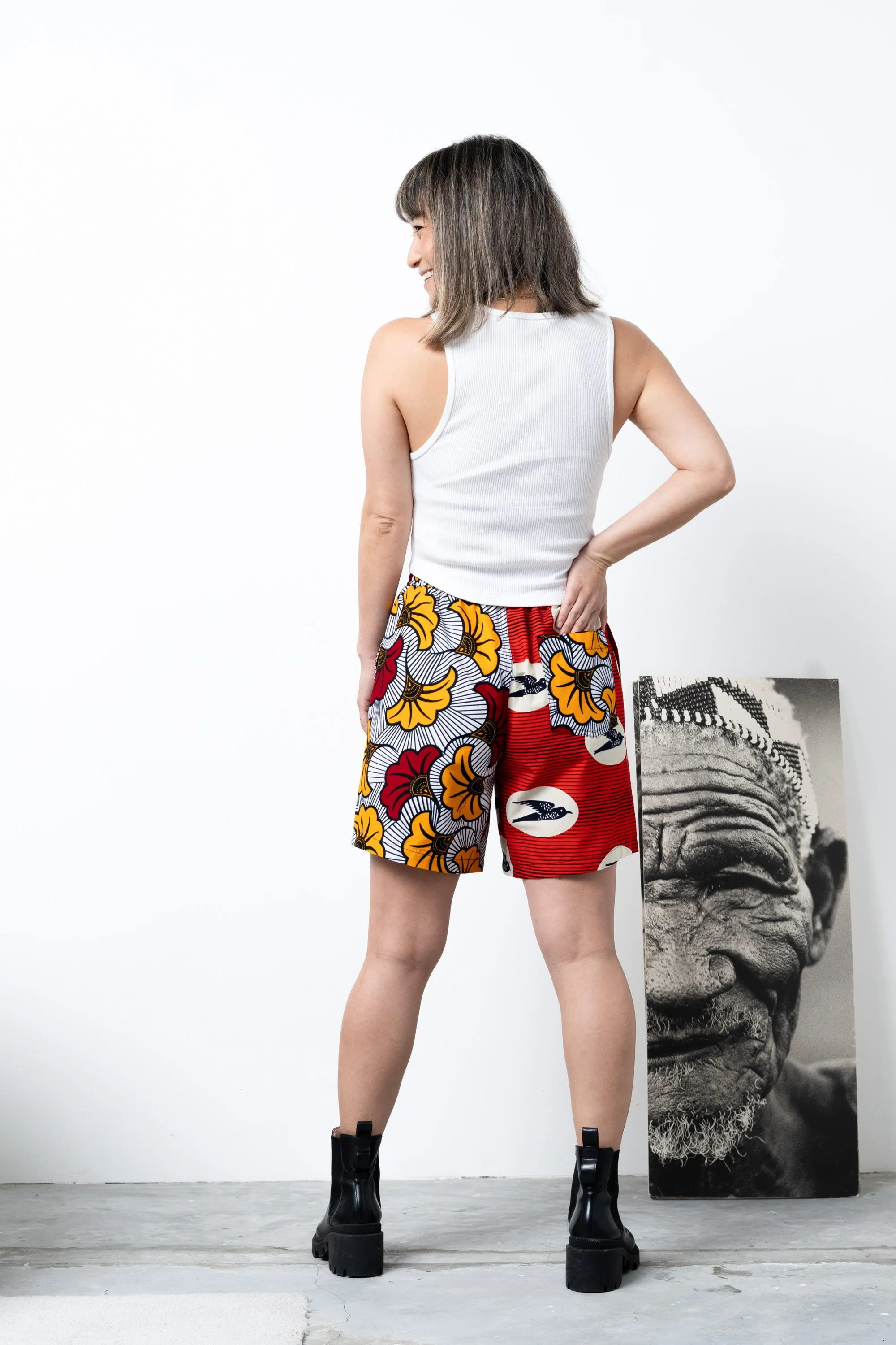 Chinny Shorts - Mix Match Speedbird/RollsRoyce Yellow White and Red African Ankara Wax Cotton Print