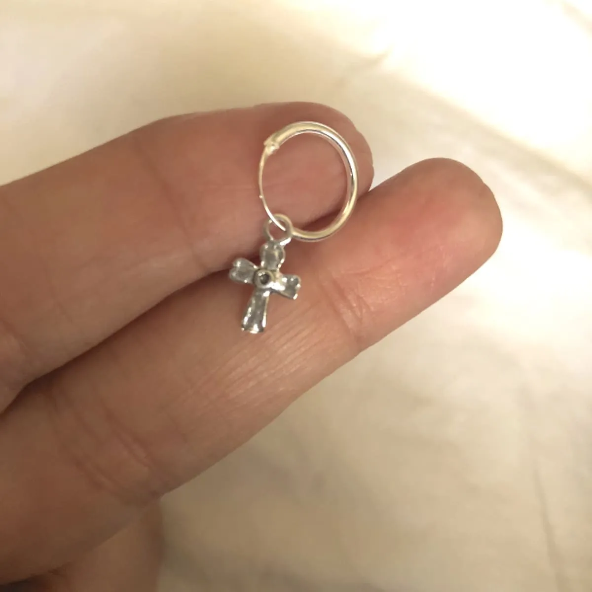 Cross charm hoop | Sterling silver 12 mm hoop earrings | Religious charm hoops | Bohemian jewelry | Charm hoops | Silver ear hoops | E885