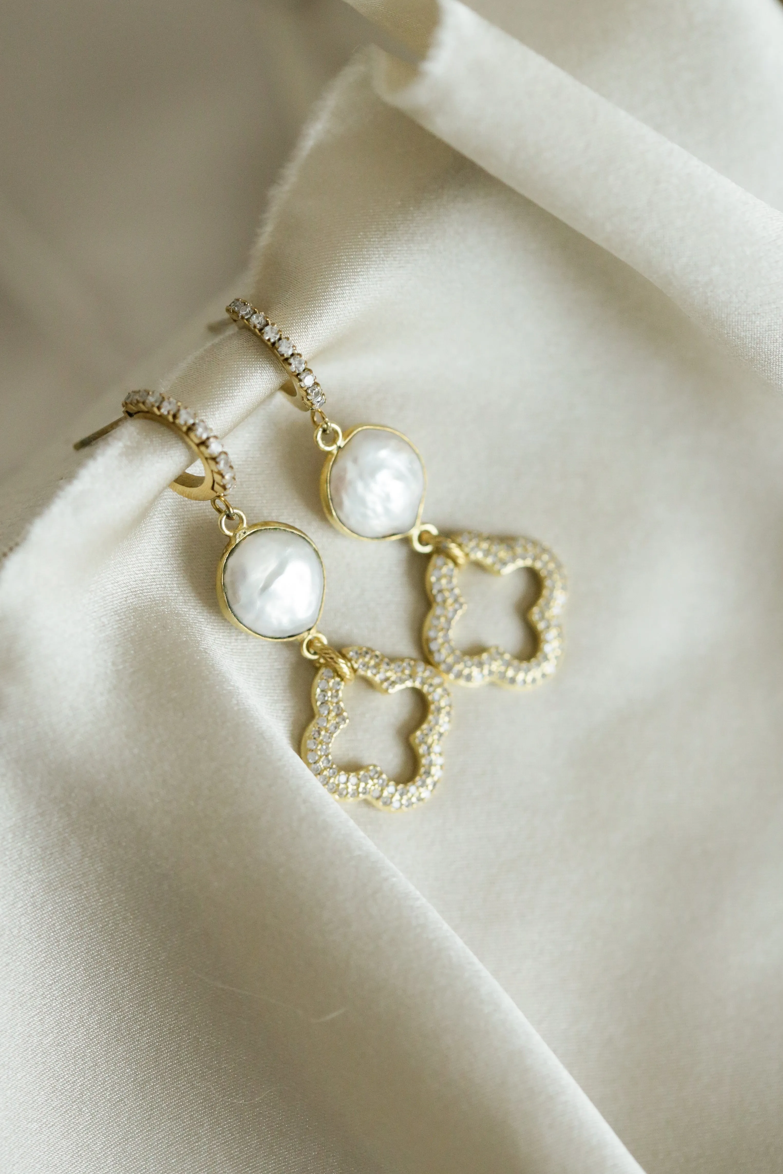 Cubic Zirconia & Pearls Clover Earrings