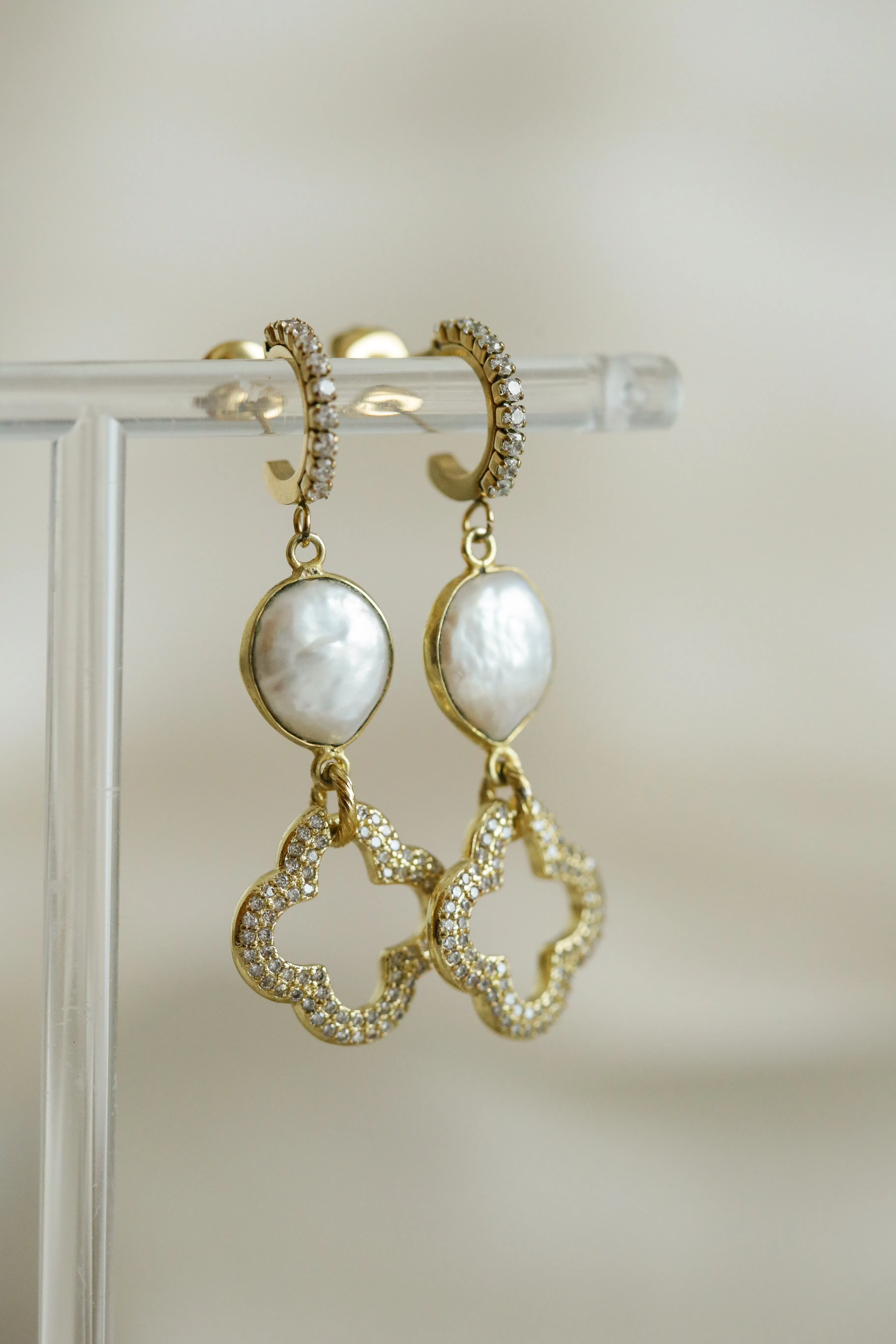 Cubic Zirconia & Pearls Clover Earrings