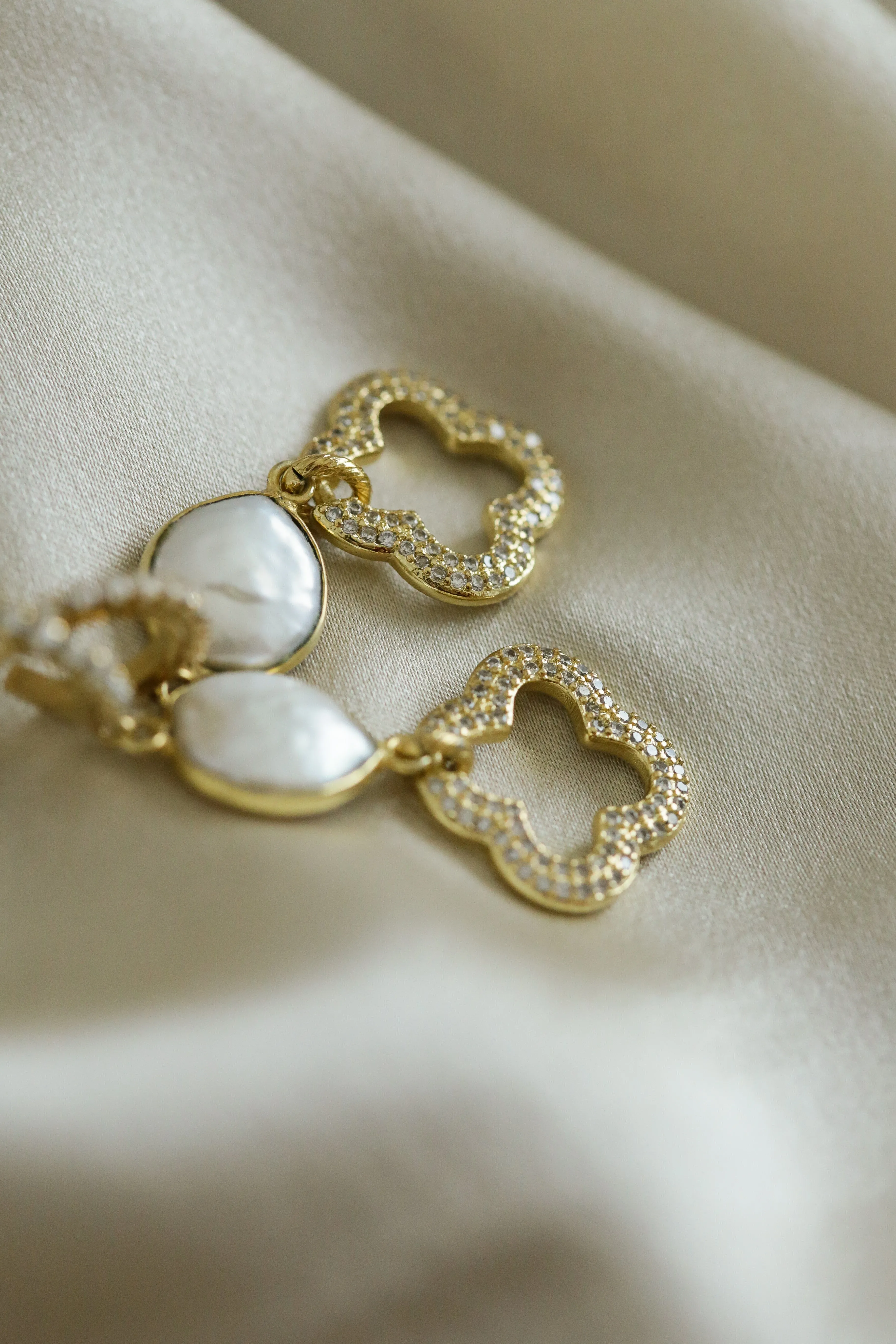 Cubic Zirconia & Pearls Clover Earrings