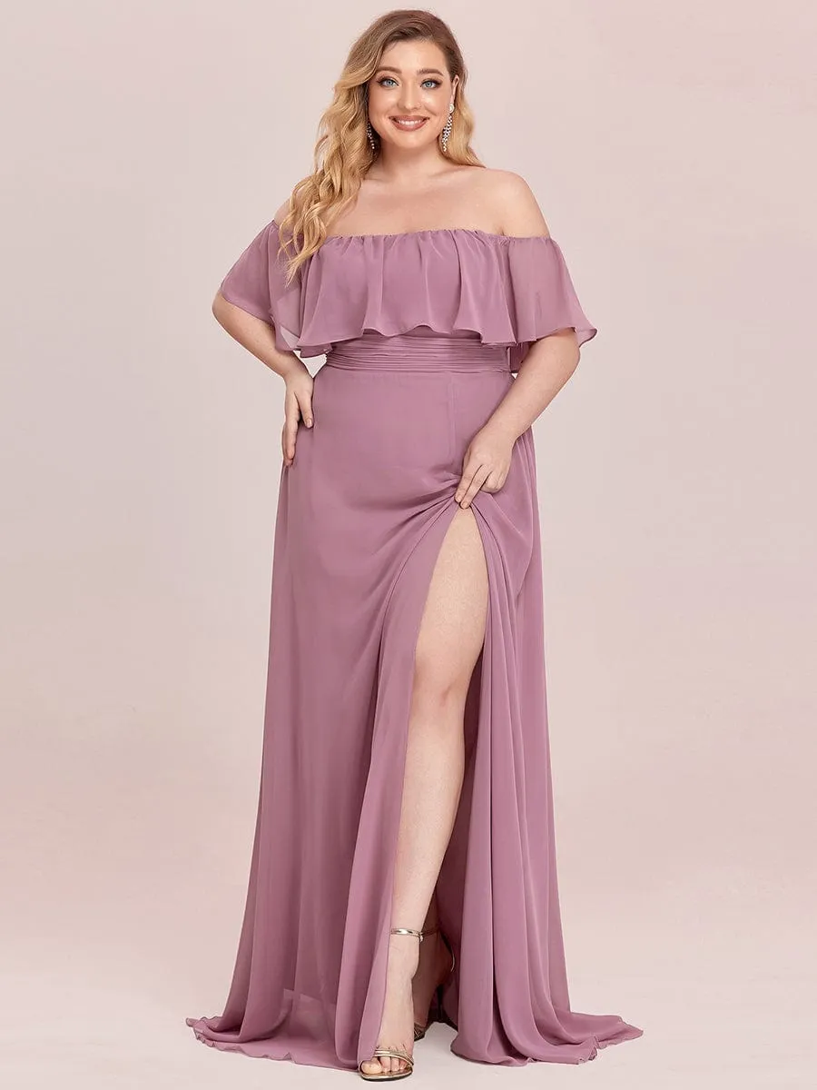 Custom Size Chiffon Ruffle Off Shoulder Thigh Slit Bridesmaid Dresses