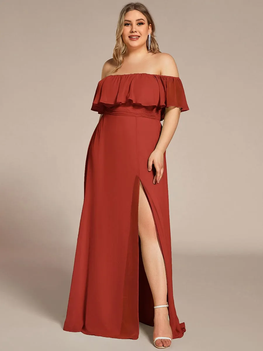 Custom Size Chiffon Ruffle Off Shoulder Thigh Slit Bridesmaid Dresses