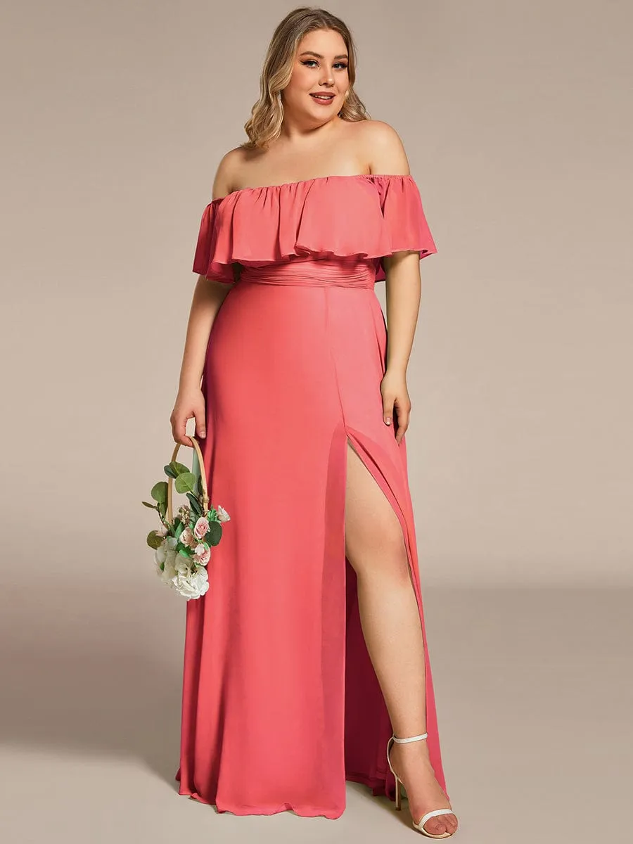 Custom Size Chiffon Ruffle Off Shoulder Thigh Slit Bridesmaid Dresses