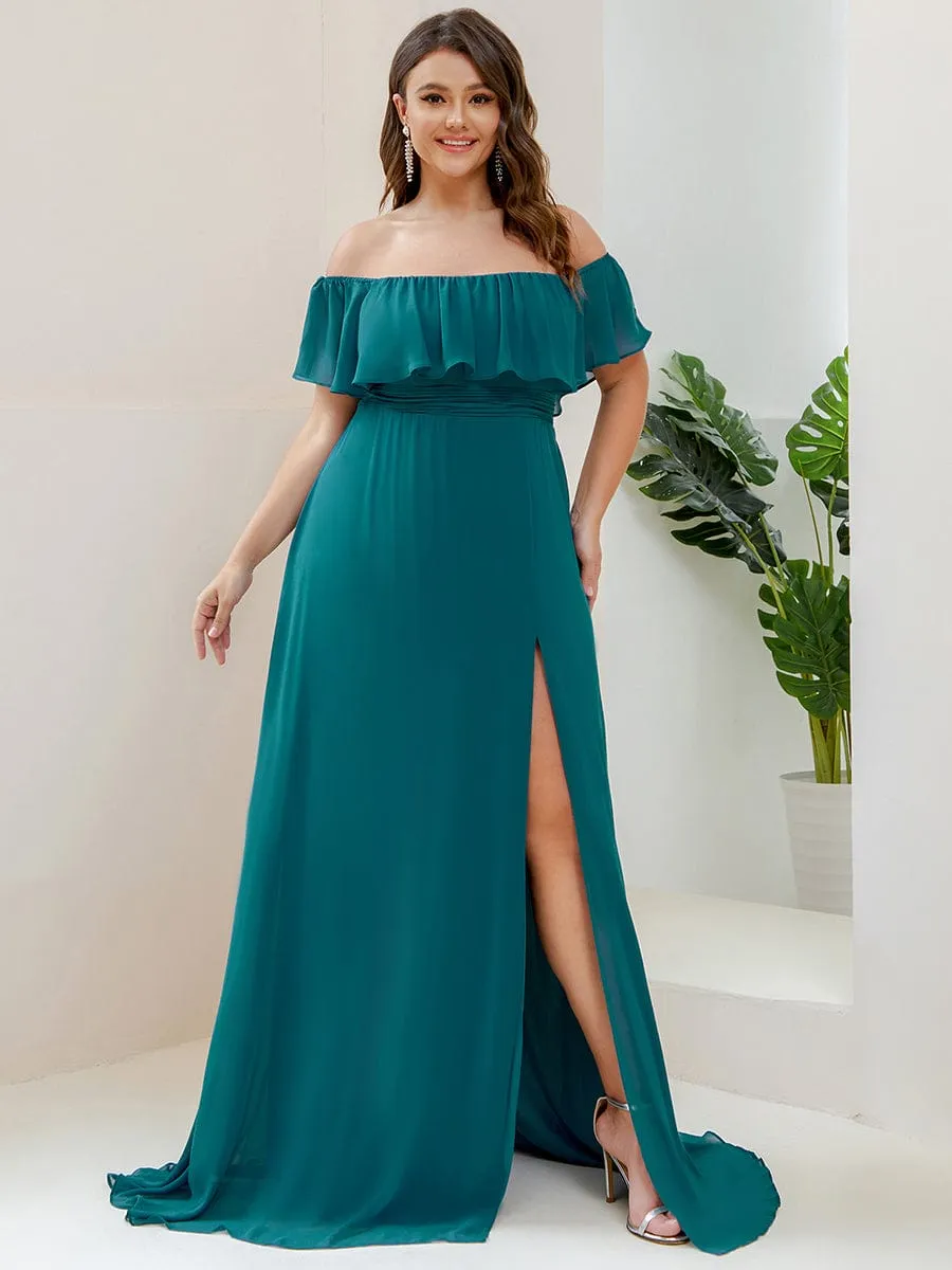 Custom Size Chiffon Ruffle Off Shoulder Thigh Slit Bridesmaid Dresses