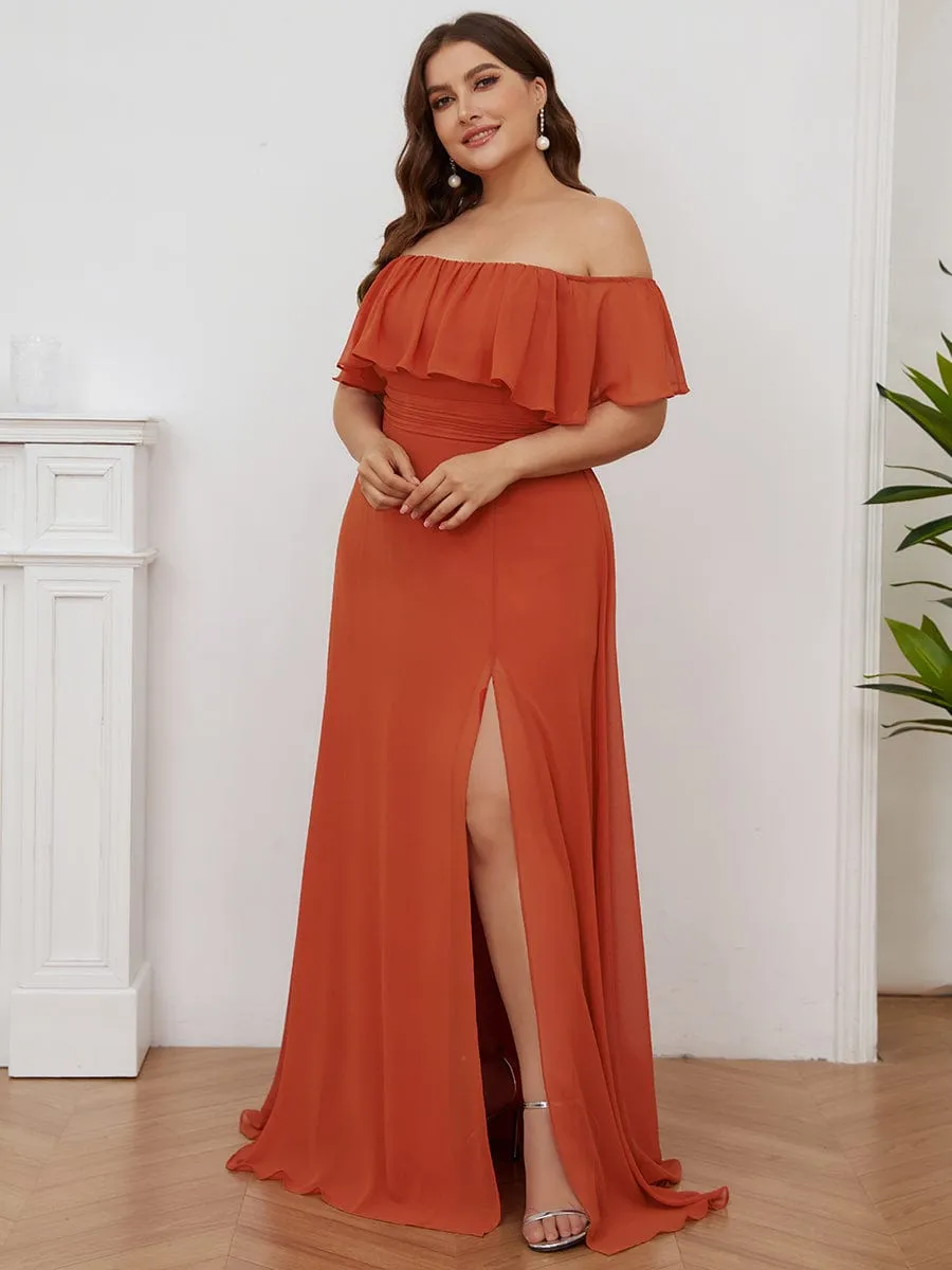 Custom Size Chiffon Ruffle Off Shoulder Thigh Slit Bridesmaid Dresses